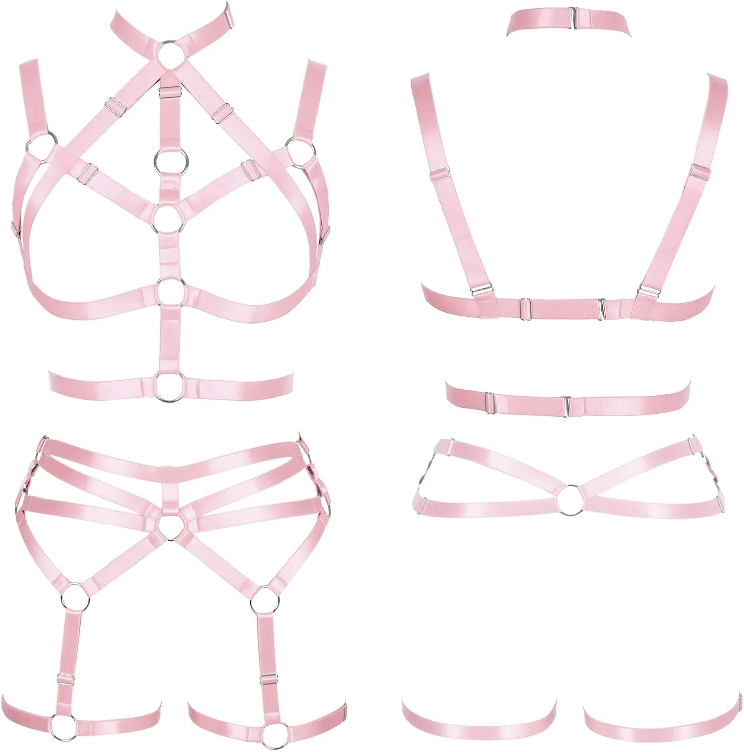 Women's Body Harness Adjustable Size Punk Gothic Bra Full Cage Garter Belt Hollow Out Belt Set Halloween Festival Rave