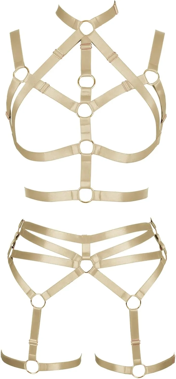 Women's Body Harness Adjustable Size Punk Gothic Bra Full Cage Garter Belt Hollow Out Belt Set Halloween Festival Rave
