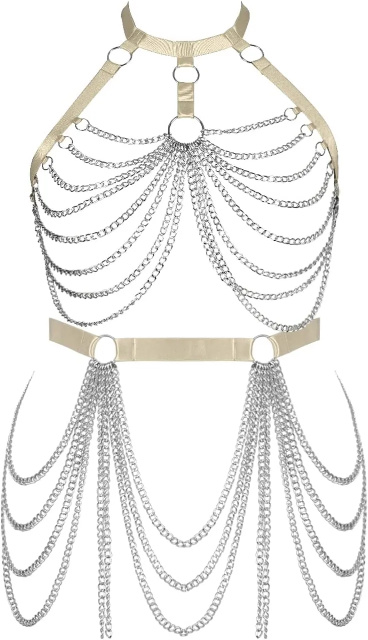 Women's Body Harness Bra Fashion Plus Size Cage Metal Chain Bra Stockings Garter Set Punk Carnival Gothic Dance Costume