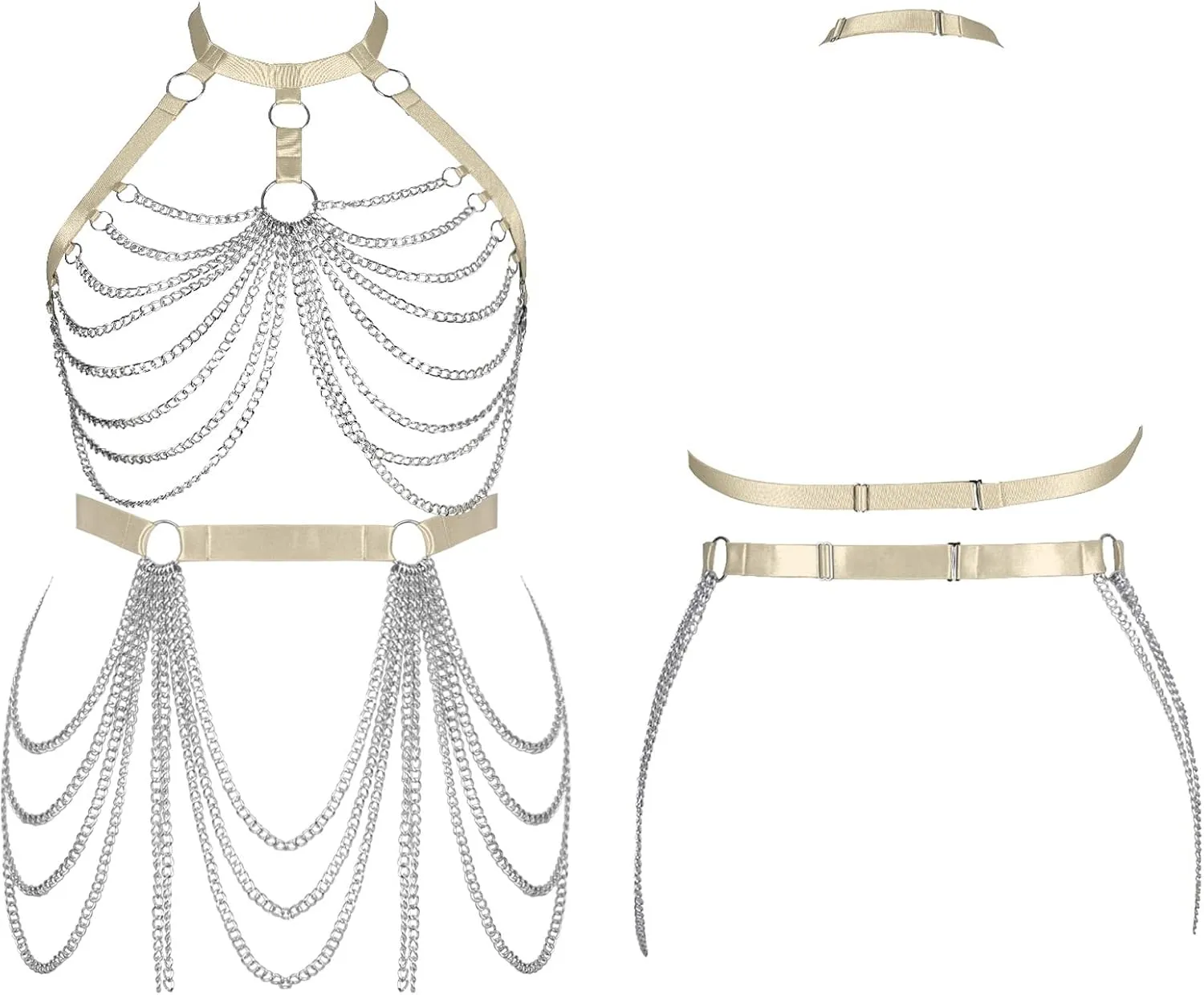 Women's Body Harness Bra Fashion Plus Size Cage Metal Chain Bra Stockings Garter Set Punk Carnival Gothic Dance Costume