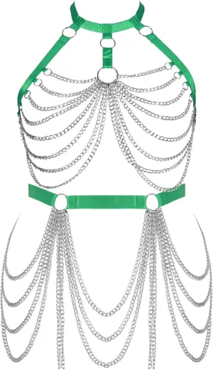Women's Body Harness Bra Fashion Plus Size Cage Metal Chain Bra Stockings Garter Set Punk Carnival Gothic Dance Costume