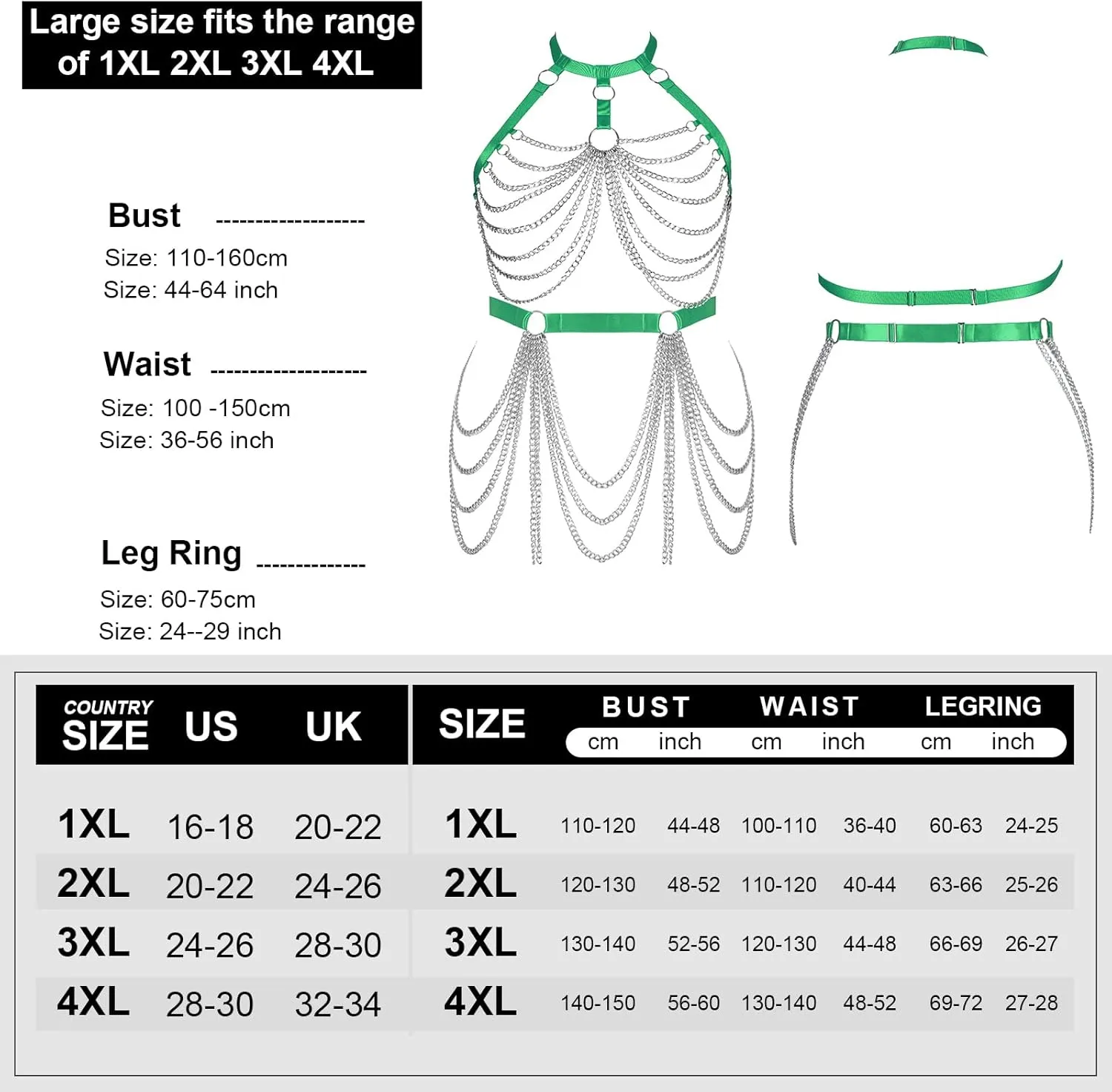 Women's Body Harness Bra Fashion Plus Size Cage Metal Chain Bra Stockings Garter Set Punk Carnival Gothic Dance Costume