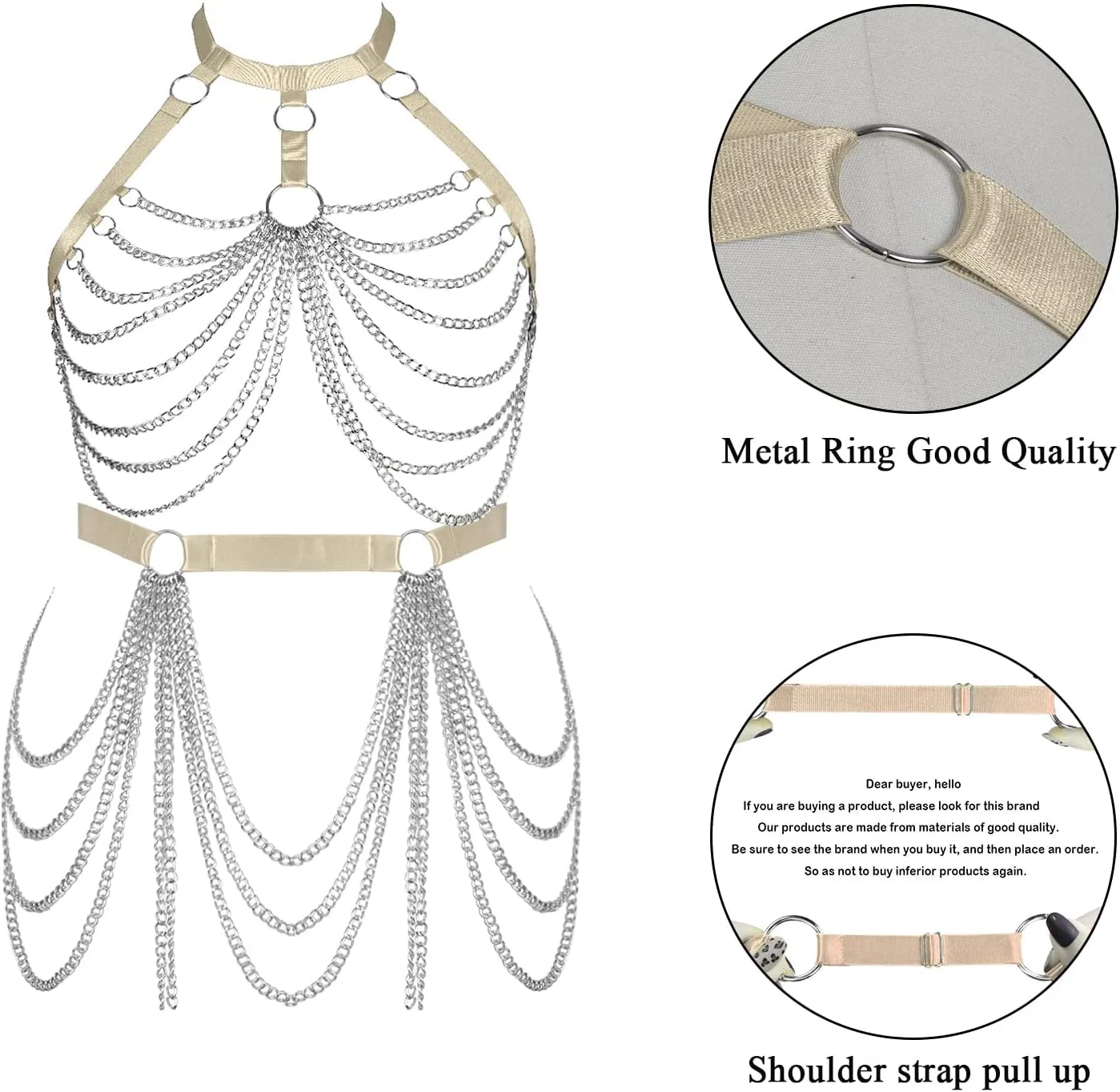 Women's Body Harness Bra Fashion Plus Size Cage Metal Chain Bra Stockings Garter Set Punk Carnival Gothic Dance Costume