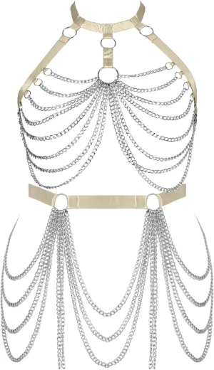 Women's Body Harness Bra Fashion Plus Size Cage Metal Chain Bra Stockings Garter Set Punk Carnival Gothic Dance Costume