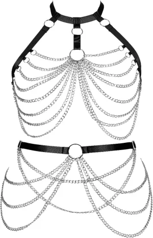 Women's Body Harness Bra Lingerie Plus Size Hollow Cage Metal Chain Bra Garter Set Carnival Punk Gothic Dance Costume