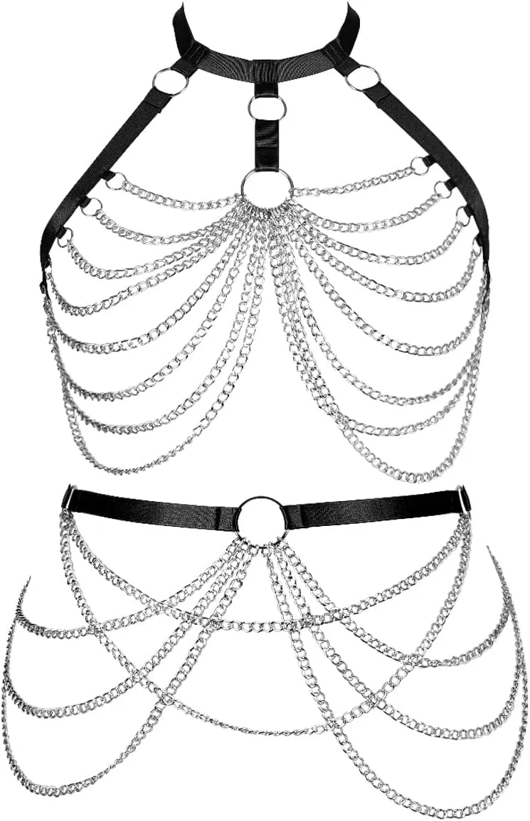 Women's Body Harness Bra Lingerie Plus Size Hollow Cage Metal Chain Bra Garter Set Carnival Punk Gothic Dance Costume