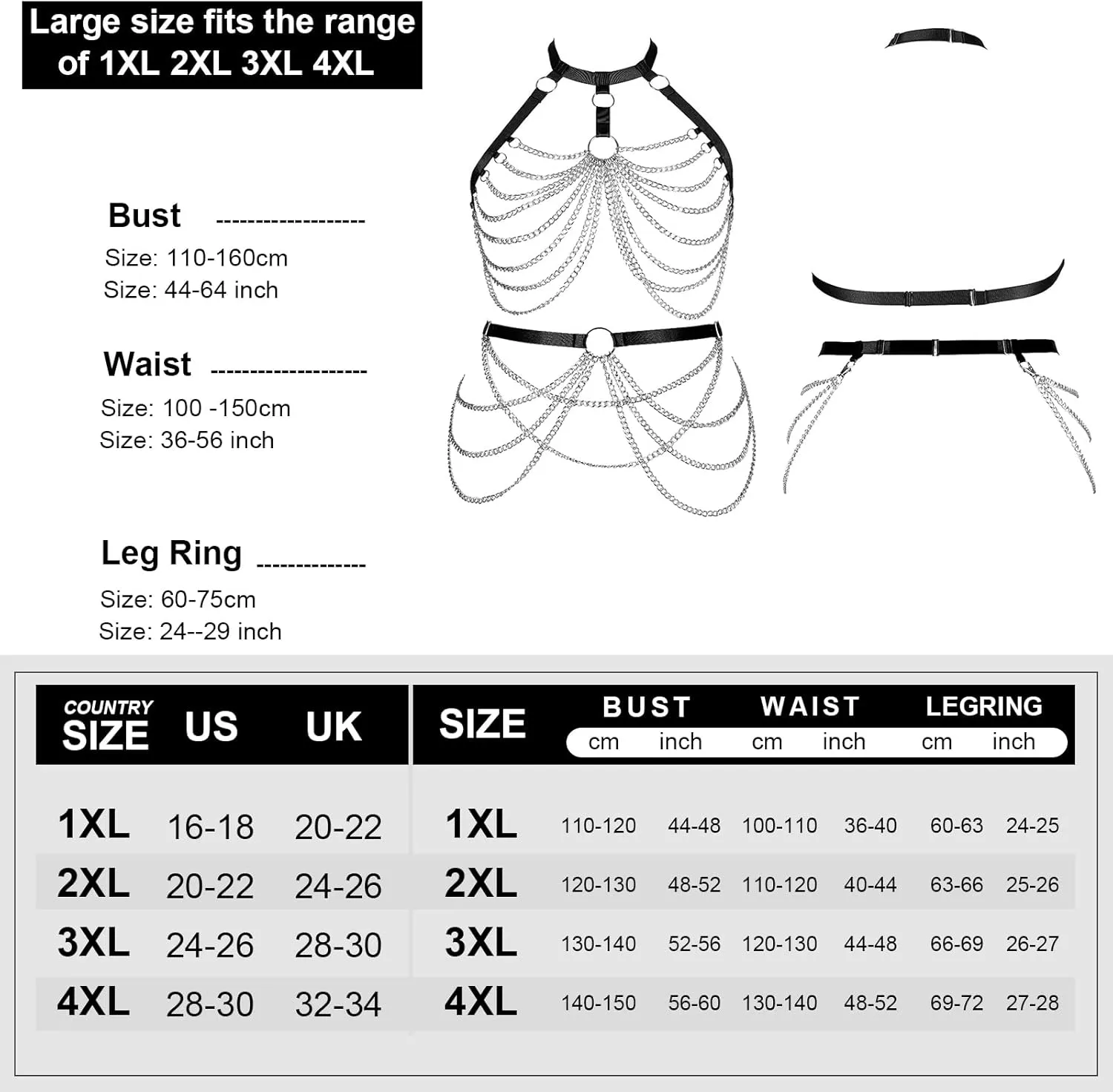 Women's Body Harness Bra Lingerie Plus Size Hollow Cage Metal Chain Bra Garter Set Carnival Punk Gothic Dance Costume