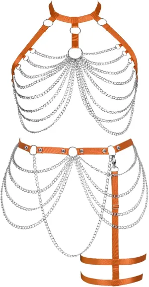 Women's Body Harness Bra Plus Size Cage Metal Chain Bra Stockings Fashion Garter Set Punk Gothic Carnival Dance Costume