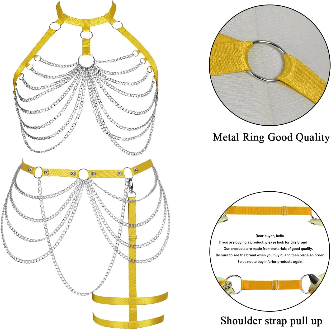 Women's Body Harness Bra Plus Size Cage Metal Chain Bra Stockings Fashion Garter Set Punk Gothic Carnival Dance Costume