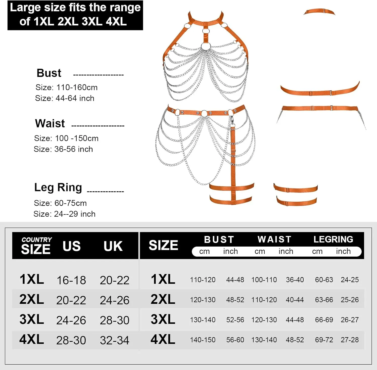 Women's Body Harness Bra Plus Size Cage Metal Chain Bra Stockings Fashion Garter Set Punk Gothic Carnival Dance Costume