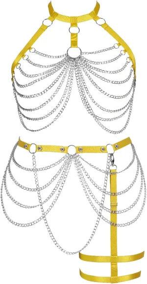Women's Body Harness Bra Plus Size Cage Metal Chain Bra Stockings Fashion Garter Set Punk Gothic Carnival Dance Costume
