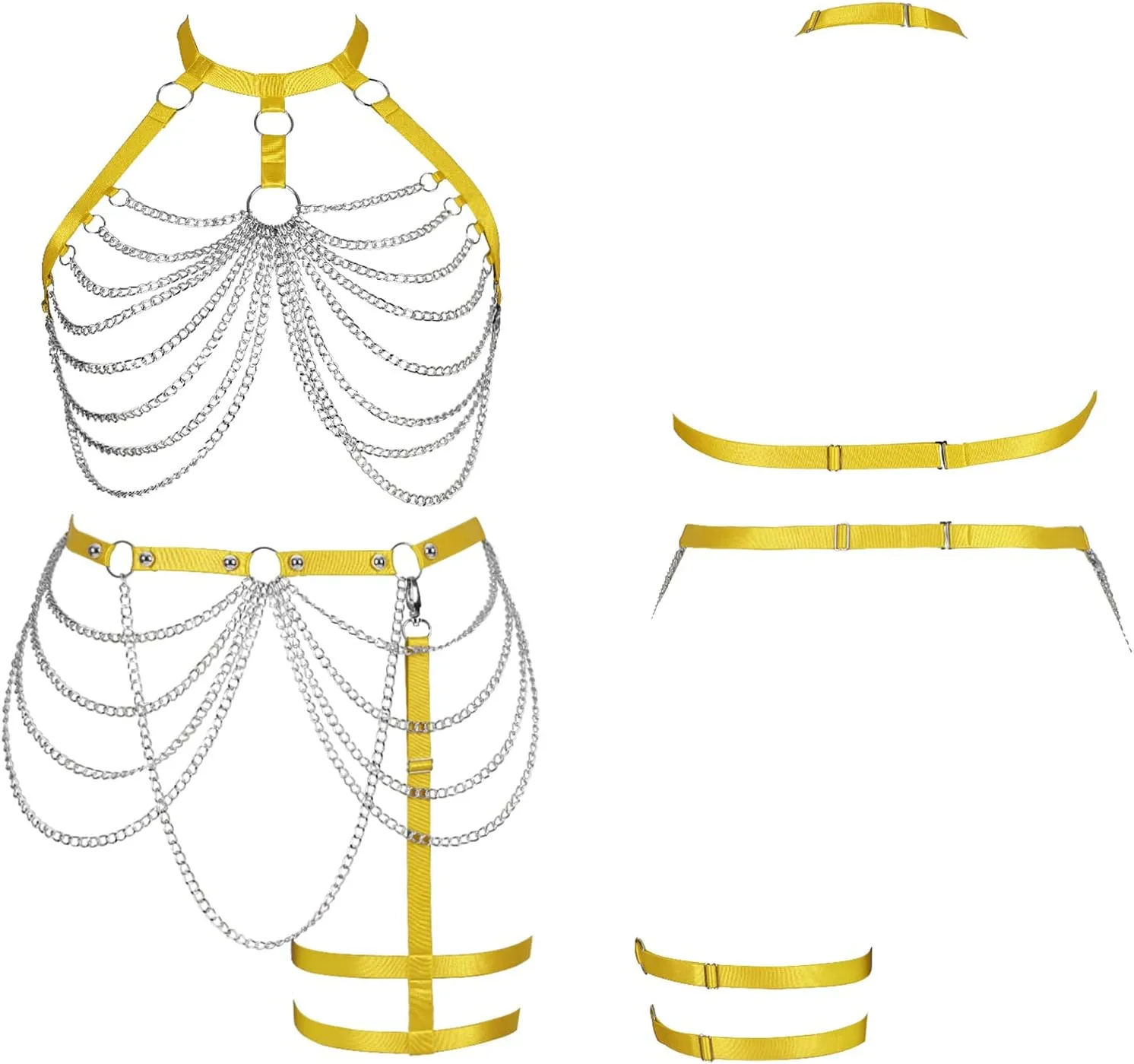 Women's Body Harness Bra Plus Size Cage Metal Chain Bra Stockings Fashion Garter Set Punk Gothic Carnival Dance Costume