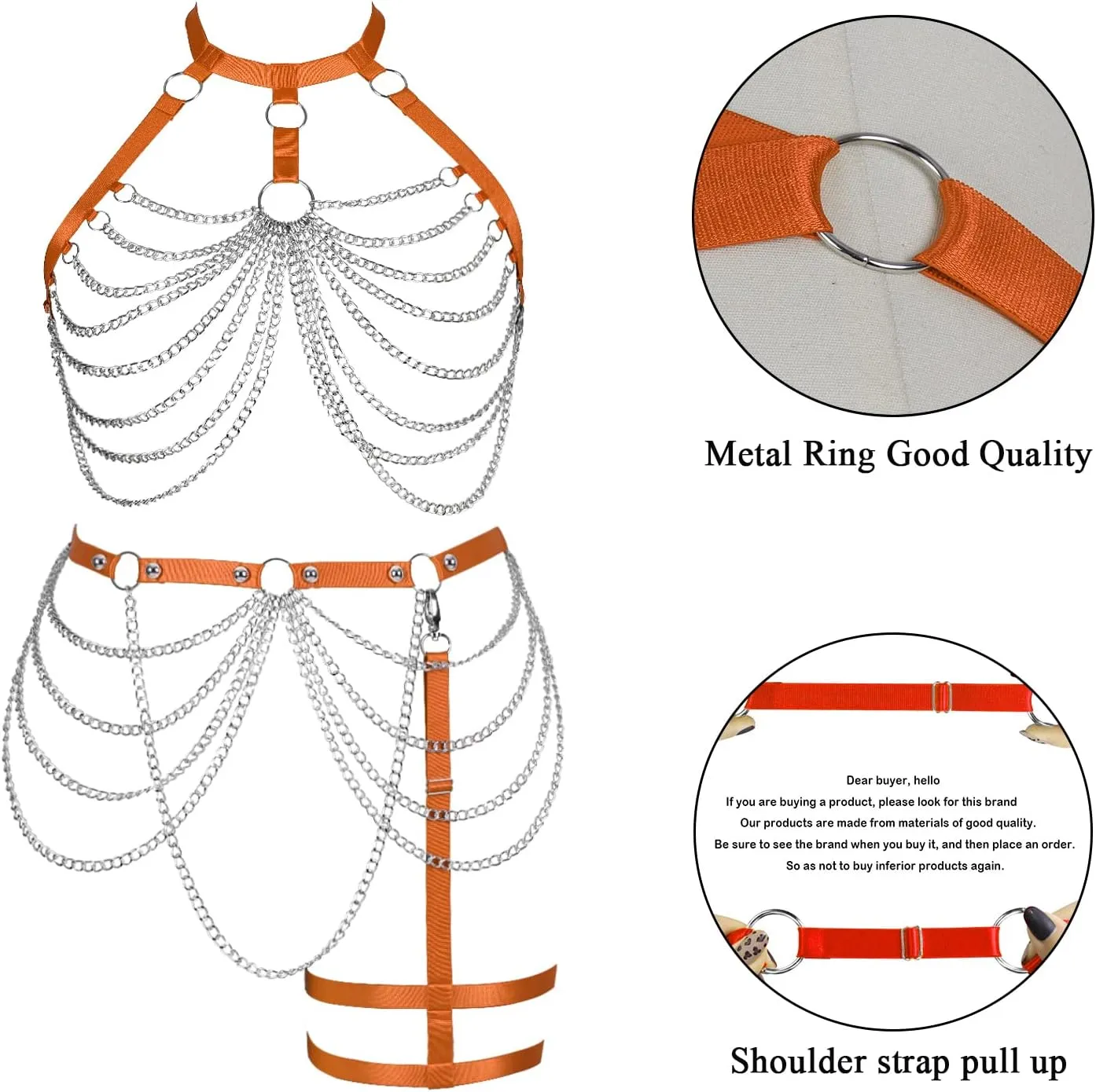 Women's Body Harness Bra Plus Size Cage Metal Chain Bra Stockings Fashion Garter Set Punk Gothic Carnival Dance Costume