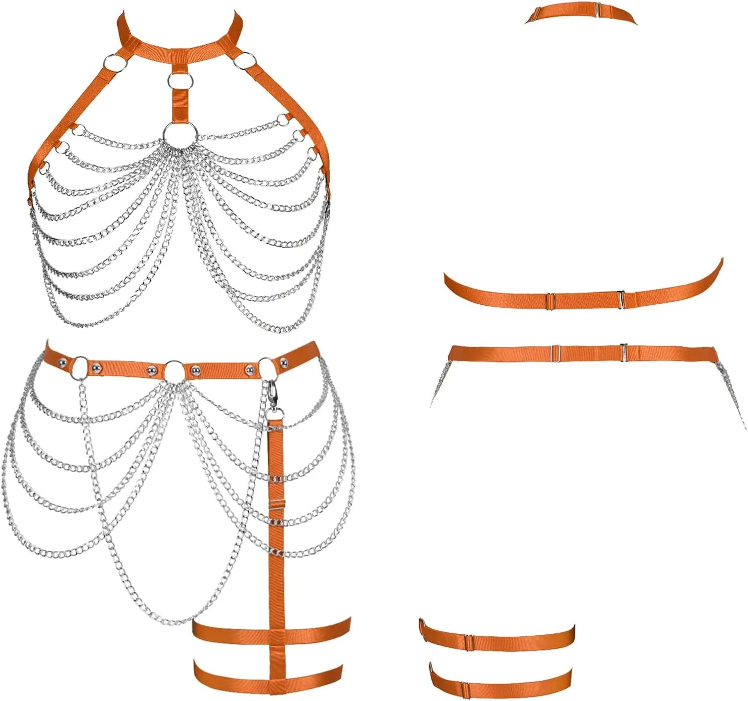Women's Body Harness Bra Plus Size Cage Metal Chain Bra Stockings Fashion Garter Set Punk Gothic Carnival Dance Costume