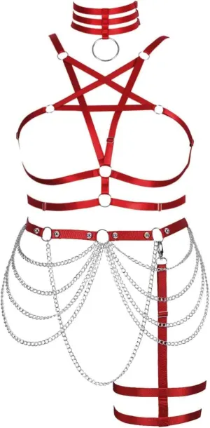 Women's Body Harness Pentagram Bra Plus Size Cage Bra Stockings Garter Set Punk Gothic Carnival Halloween Dance Costume
