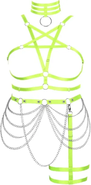 Women's Body Harness Pentagram Bra Plus Size Cage Bra Stockings Garter Set Punk Gothic Carnival Halloween Dance Costume
