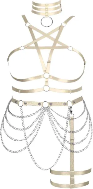 Women's Body Harness Pentagram Bra Plus Size Cage Bra Stockings Garter Set Punk Gothic Carnival Halloween Dance Costume