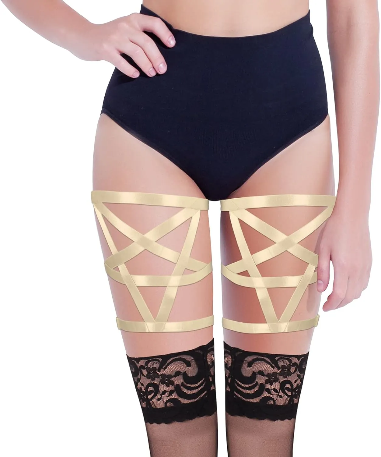 Women's Body Harness Pentagram Star Leg Loop Suspender Belt Thigh Cage Garter Belt Punk Goth Carnival Dance Costume