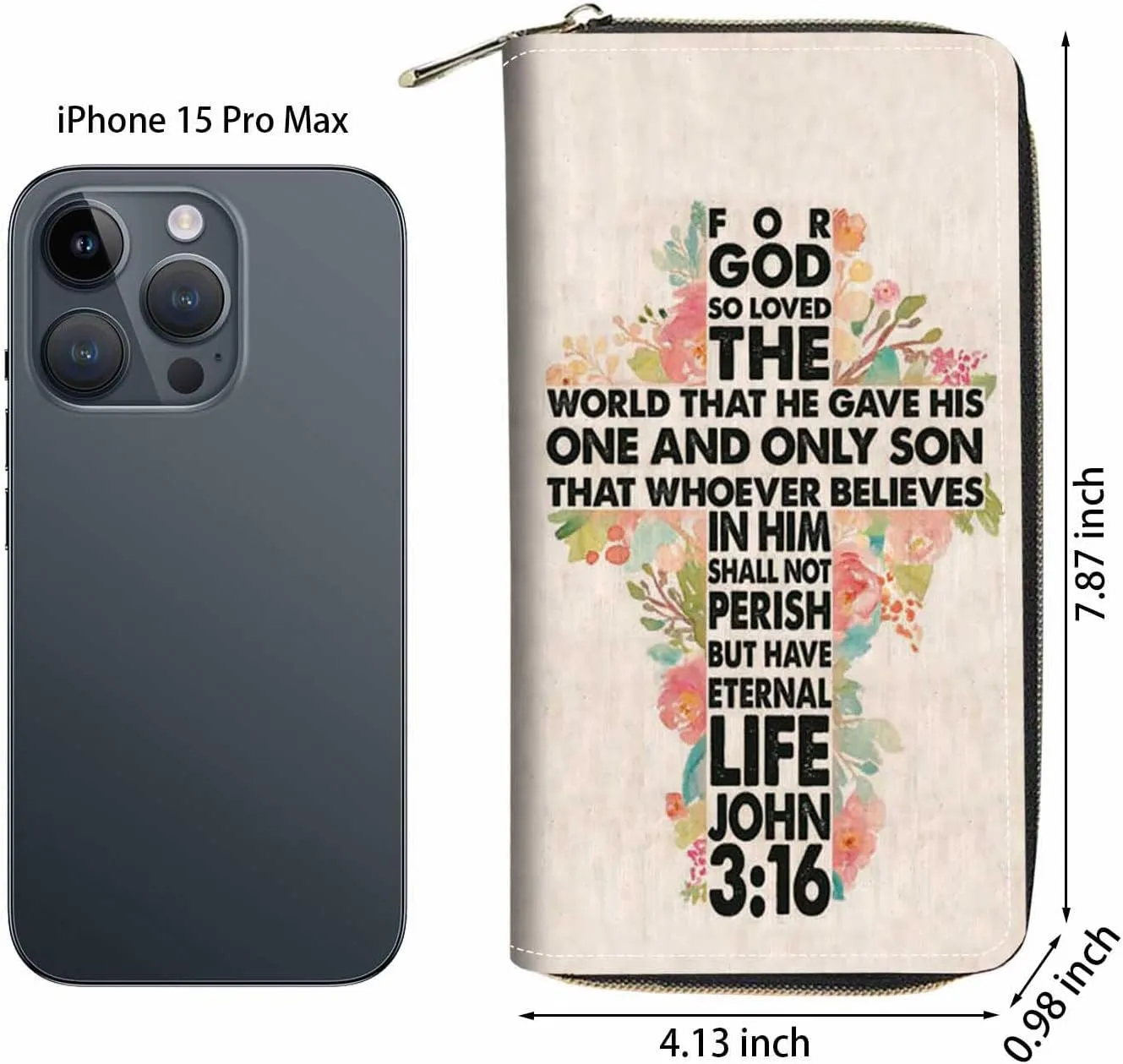 Women's Christian Cross Bible Verse Quotes John 3:16 Print PU Leather Zipper Wallet, Compact, 8 Card Slots, 1 Phone Holder, Black