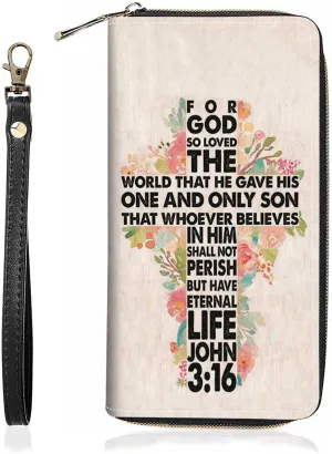 Women's Christian Cross Bible Verse Quotes John 3:16 Print PU Leather Zipper Wallet, Compact, 8 Card Slots, 1 Phone Holder, Black