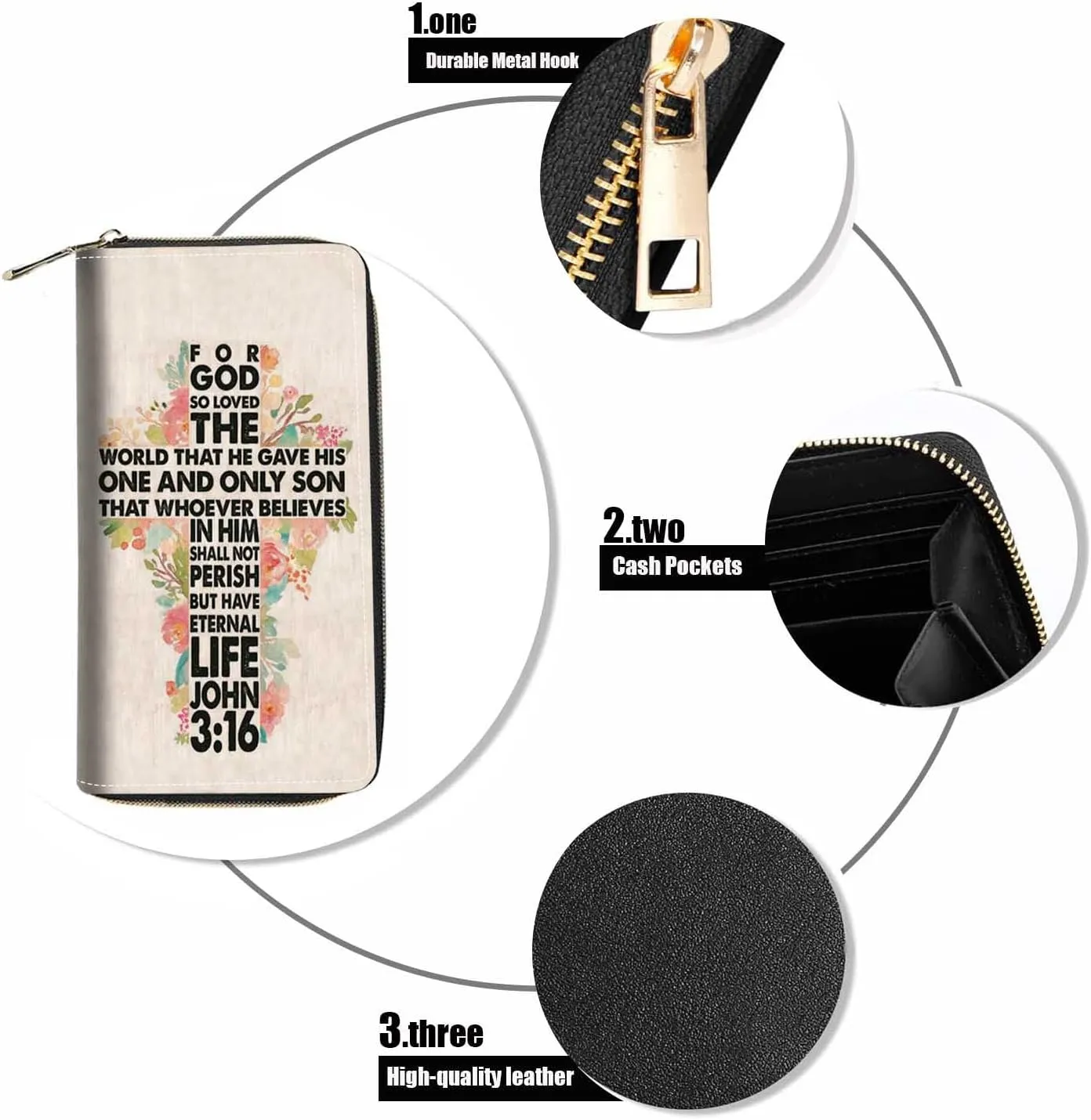 Women's Christian Cross Bible Verse Quotes John 3:16 Print PU Leather Zipper Wallet, Compact, 8 Card Slots, 1 Phone Holder, Black