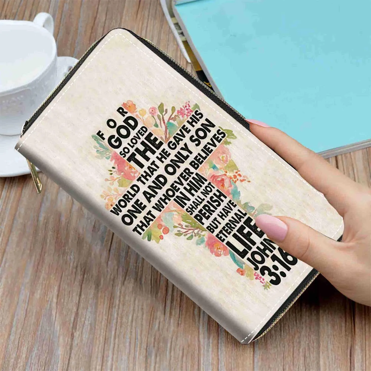 Women's Christian Cross Bible Verse Quotes John 3:16 Print PU Leather Zipper Wallet, Compact, 8 Card Slots, 1 Phone Holder, Black