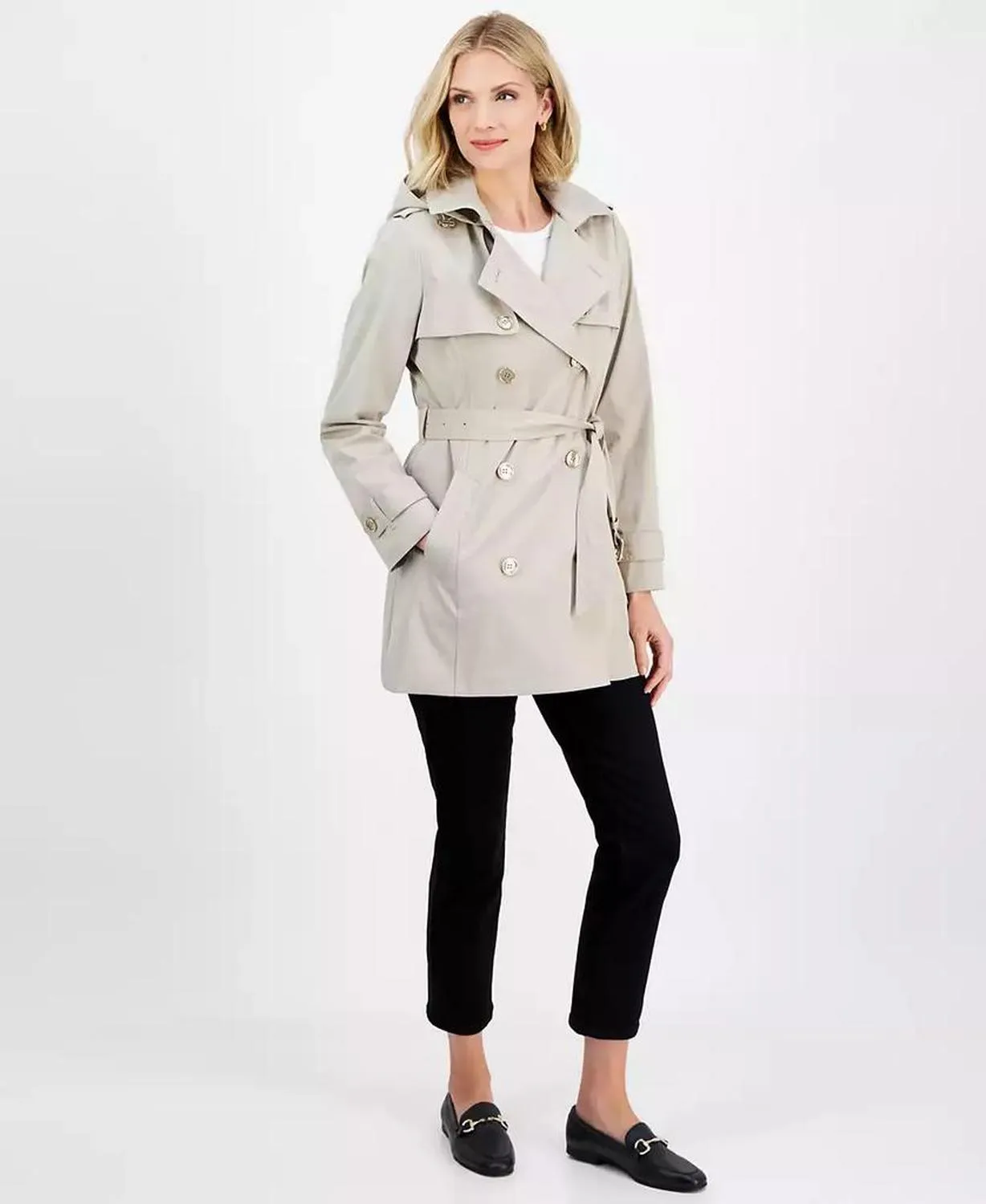 Women's Double-Breasted Belted Hooded Coat, Exclusively at Macy's