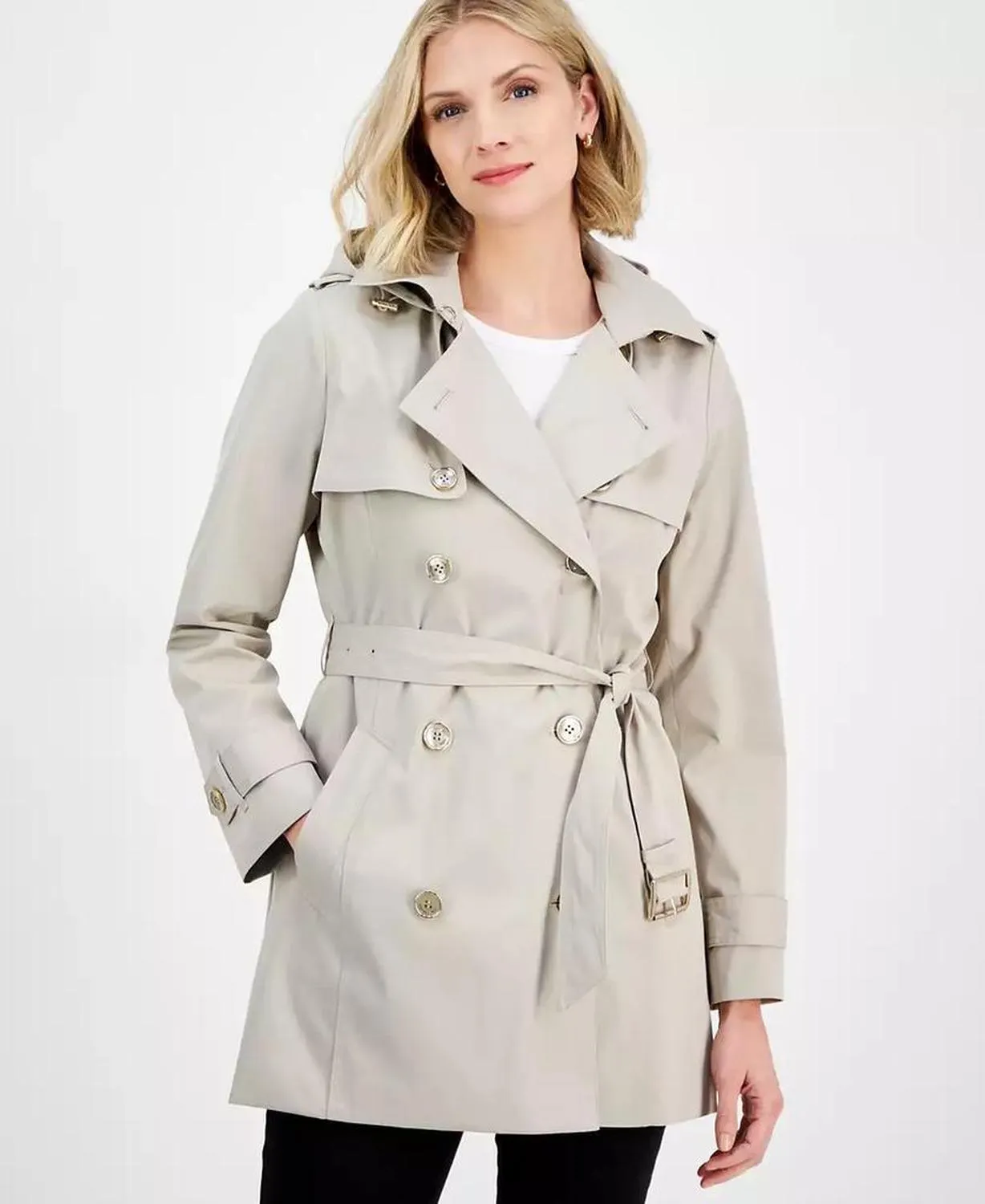 Women's Double-Breasted Belted Hooded Coat, Exclusively at Macy's