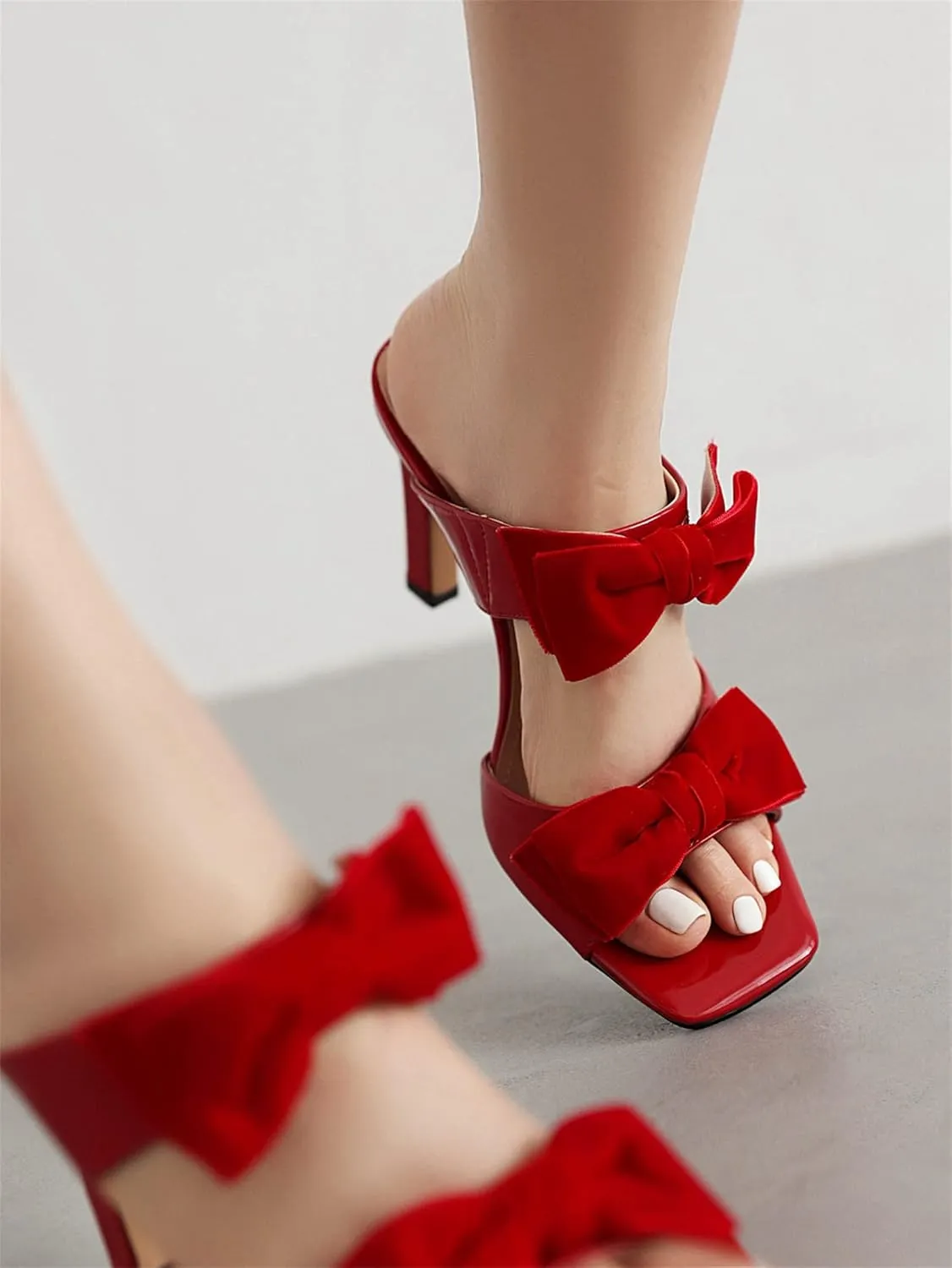 Womens High Heel Patent Leather Sweet Double Strappy Velvet Bow Dress Sandals Wedding Sandals