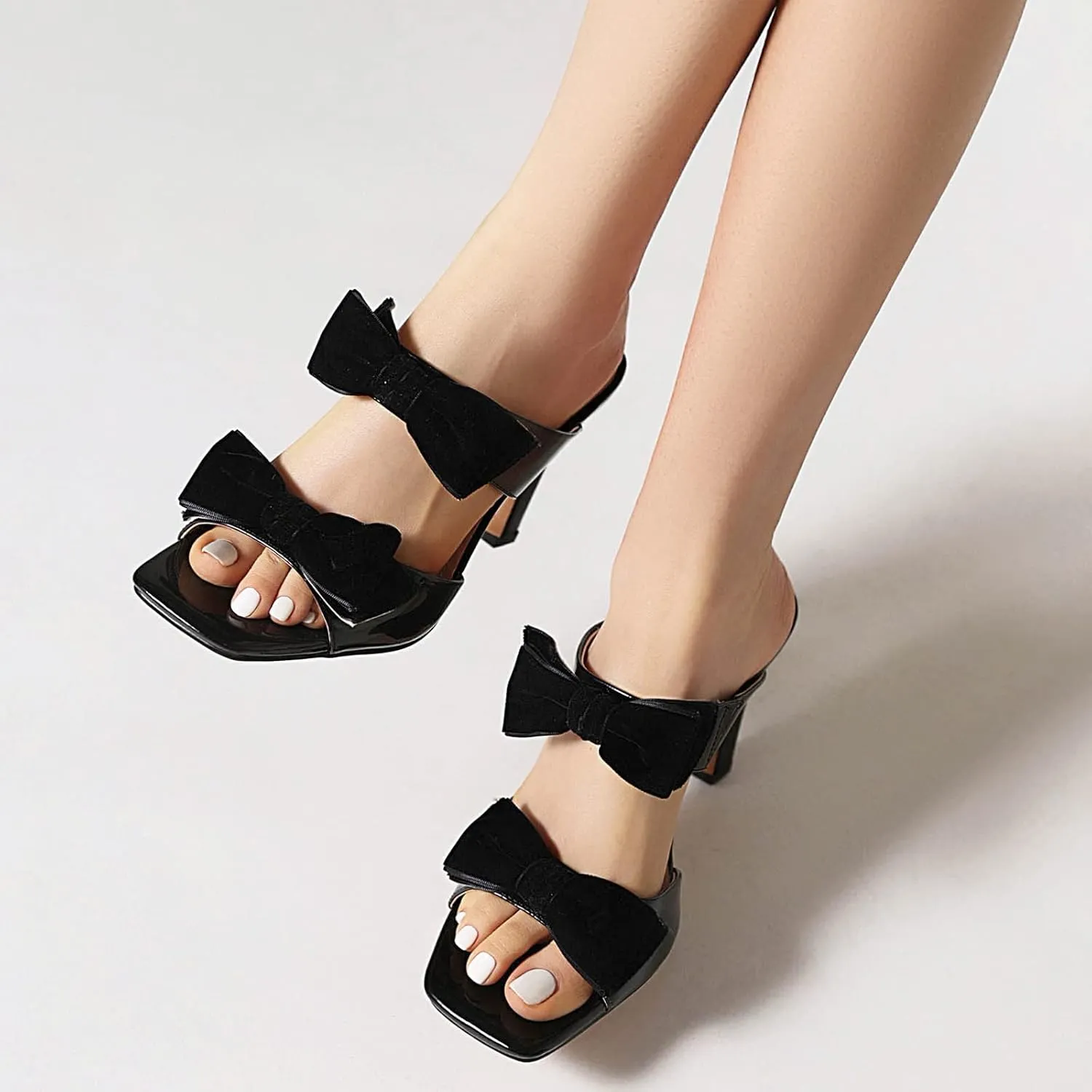 Womens High Heel Patent Leather Sweet Double Strappy Velvet Bow Dress Sandals Wedding Sandals