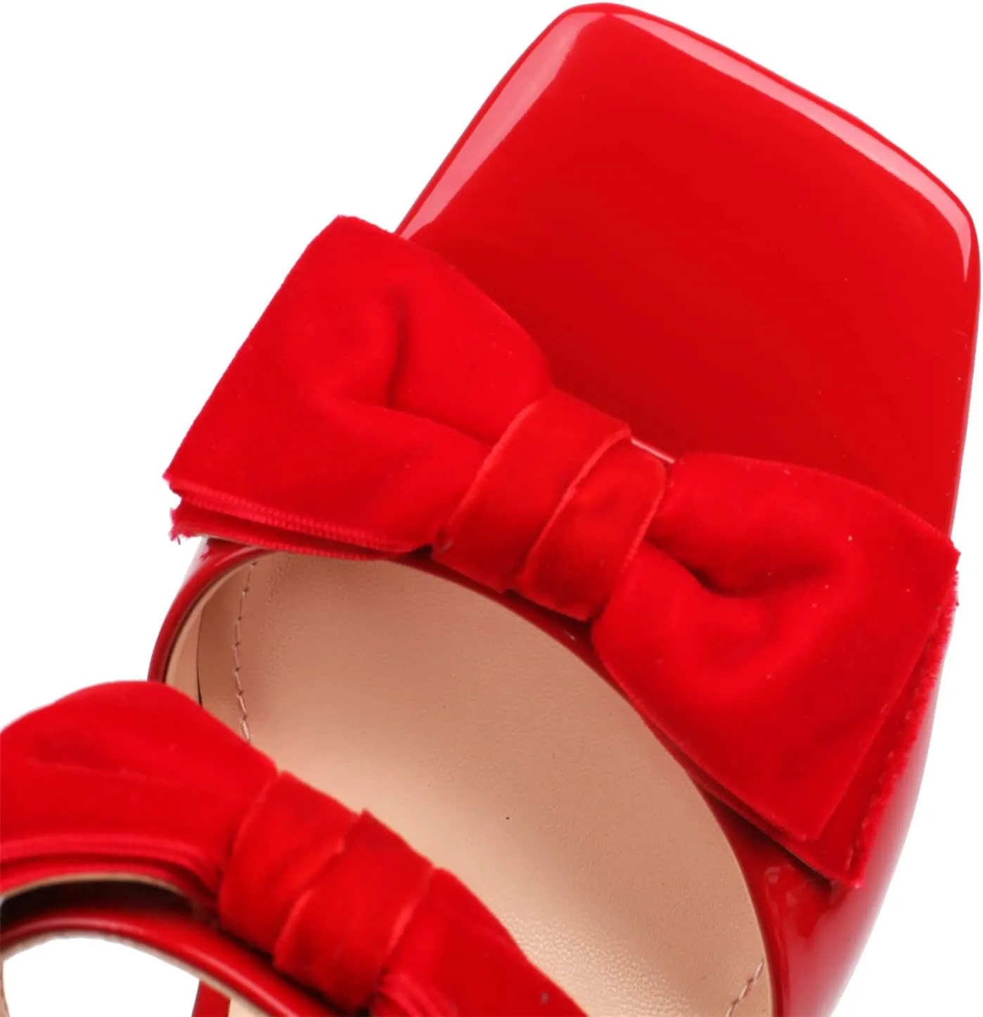 Womens High Heel Patent Leather Sweet Double Strappy Velvet Bow Dress Sandals Wedding Sandals