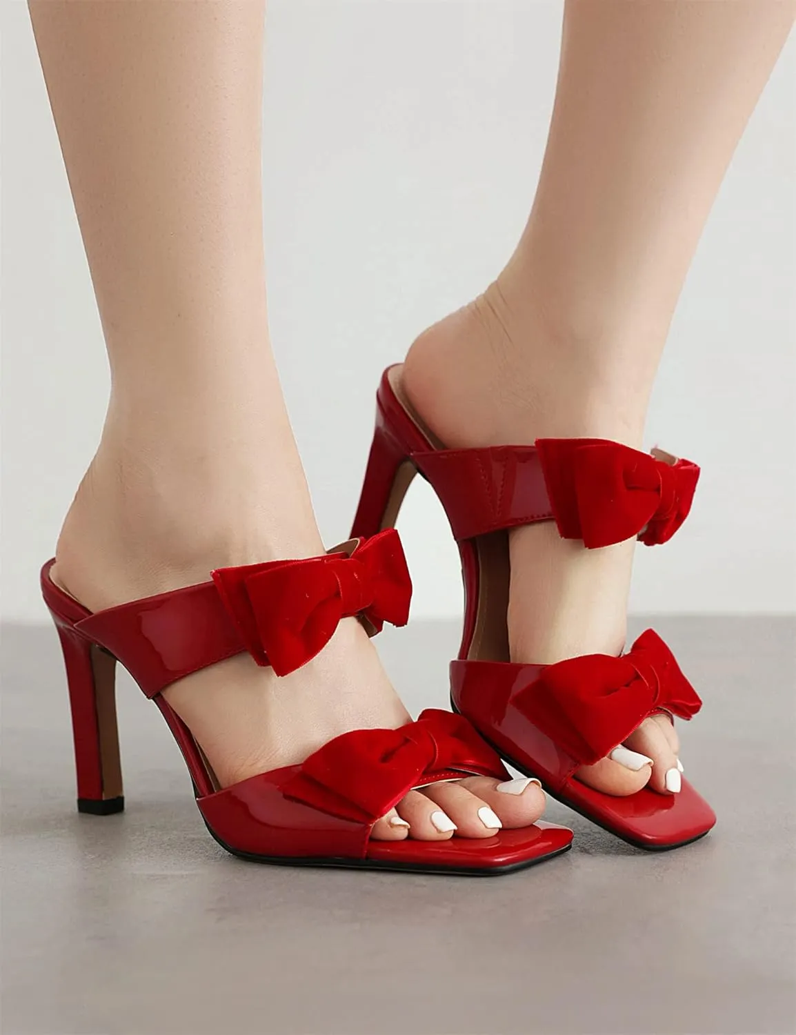 Womens High Heel Patent Leather Sweet Double Strappy Velvet Bow Dress Sandals Wedding Sandals