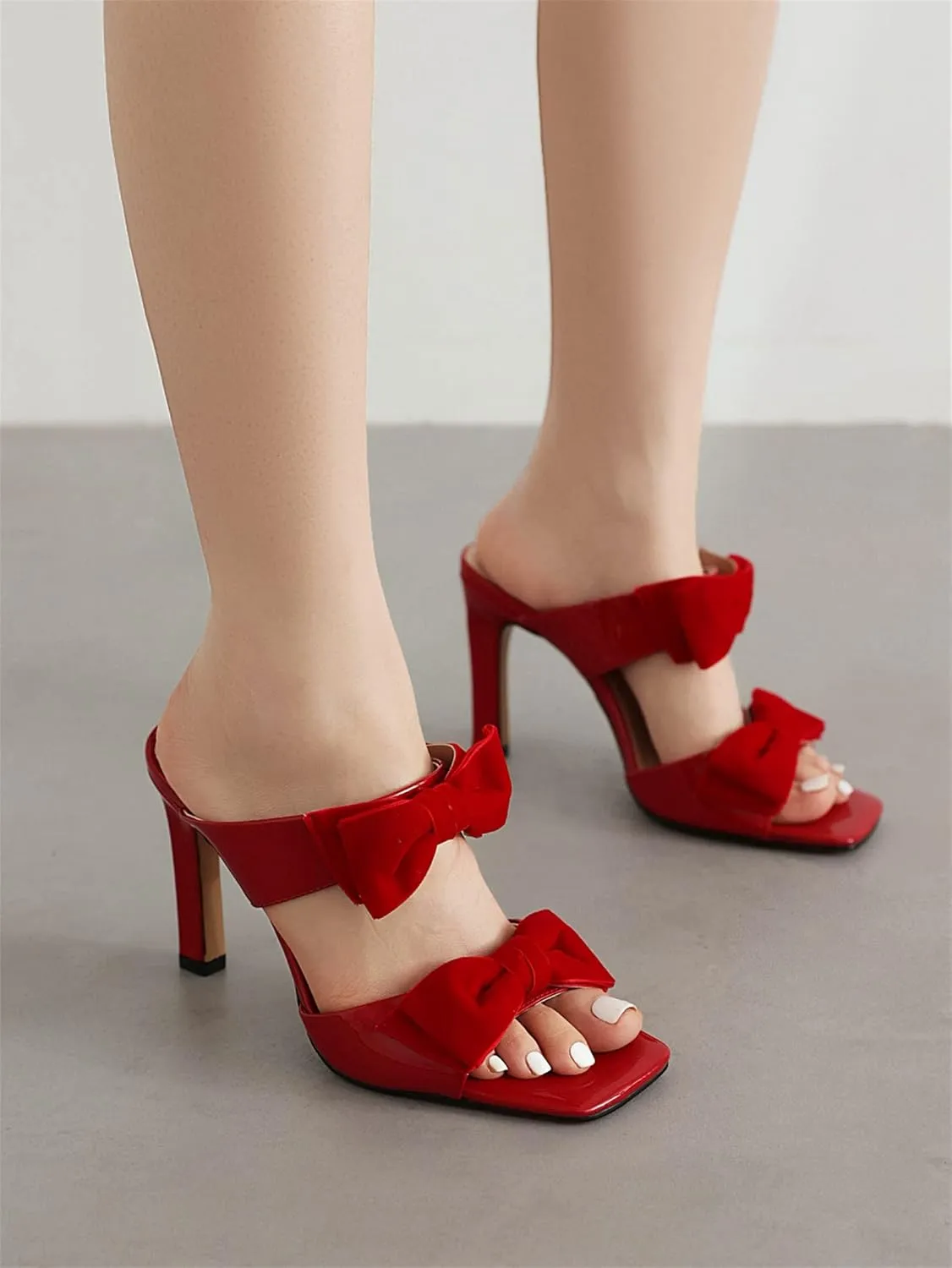 Womens High Heel Patent Leather Sweet Double Strappy Velvet Bow Dress Sandals Wedding Sandals