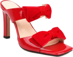 Womens High Heel Patent Leather Sweet Double Strappy Velvet Bow Dress Sandals Wedding Sandals