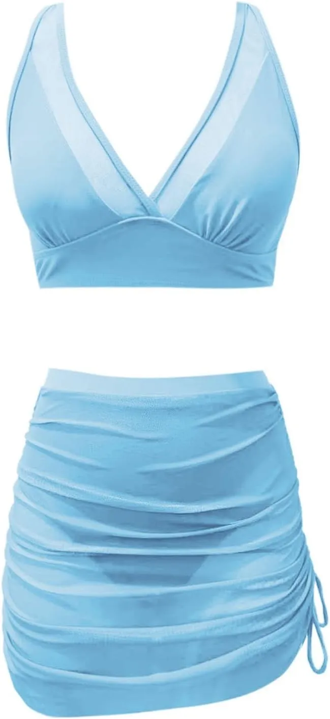 Women's High Waisted Tummy Control Bikini Set with Mesh Swim Skirt Slimming 2 Piece Bathing Suit Curvy Coverage