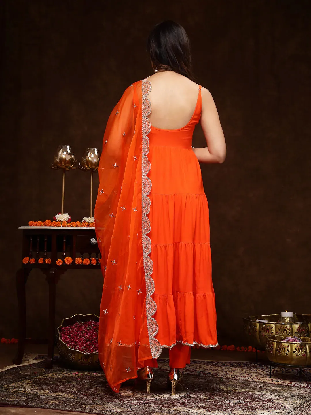 Women's Orange Solid Rayon Tiered Kurta Pant Dupatta Set-KPDORANGEBAR