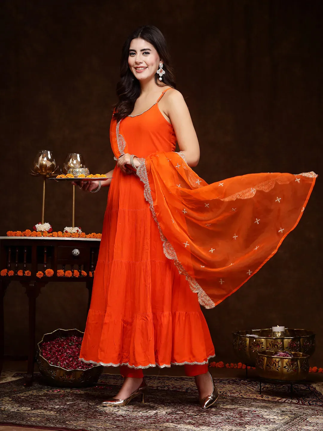 Women's Orange Solid Rayon Tiered Kurta Pant Dupatta Set-KPDORANGEBAR