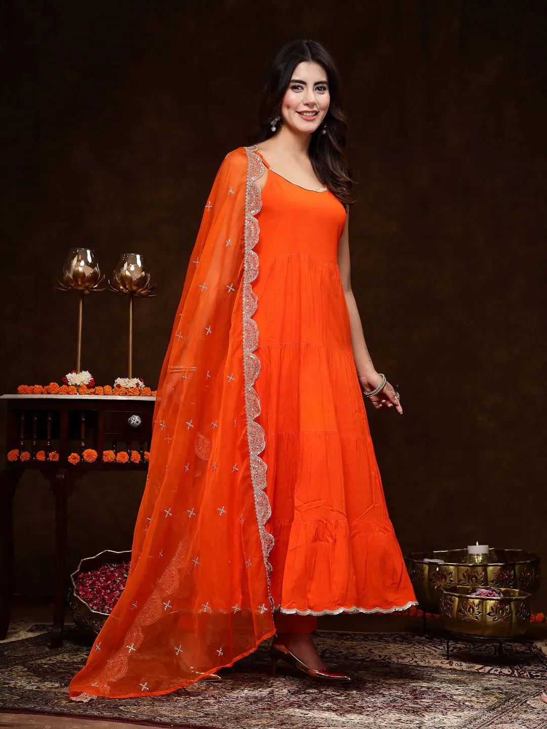 Women's Orange Solid Rayon Tiered Kurta Pant Dupatta Set-KPDORANGEBAR