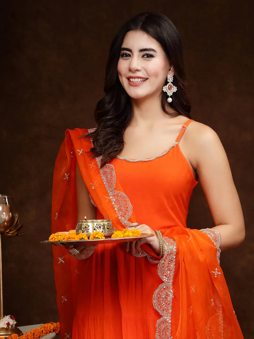 Women's Orange Solid Rayon Tiered Kurta Pant Dupatta Set-KPDORANGEBAR