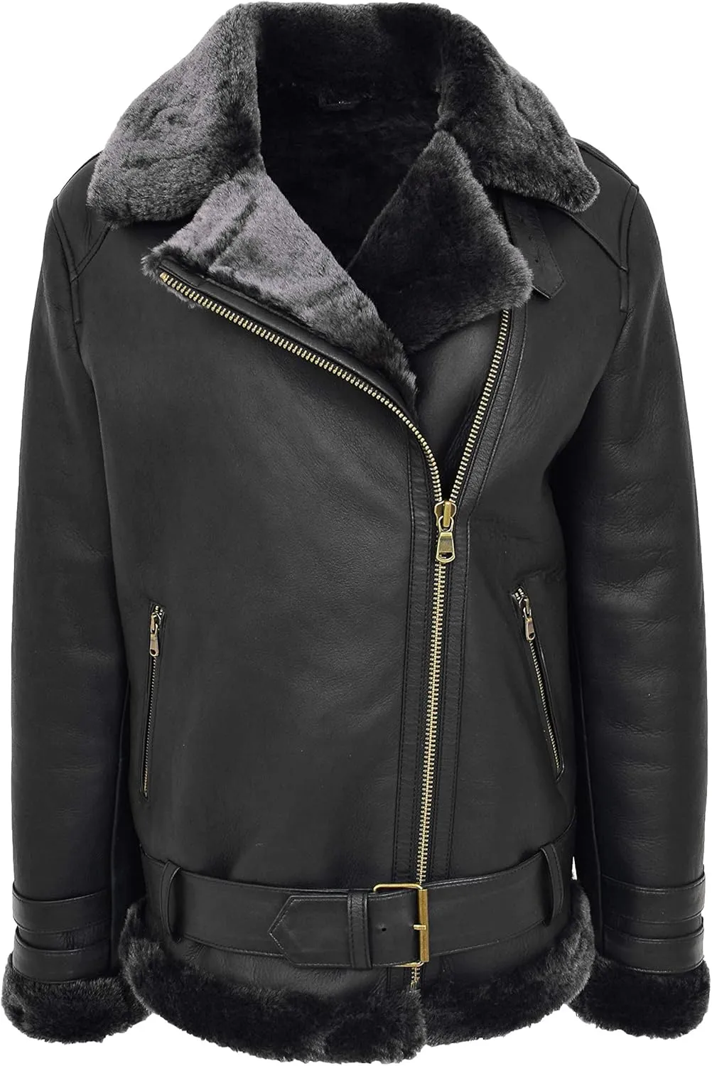 Womens Real Sheepskin Jacket Aviator Cross Zip Biker Style Lena, Black, 10
