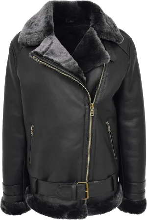 Womens Real Sheepskin Jacket Aviator Cross Zip Biker Style Lena, Black, 18