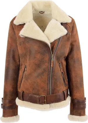Womens Real Sheepskin Jacket Aviator Cross Zip Biker Style Lena, Brown, 10