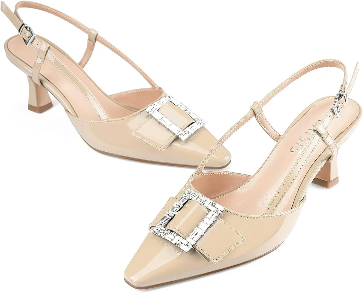 Women's Slingback Low Kitten Heels Closed Pointed Toe Kitty Pumps Rhinestone Wedding Office Dress Slip On Shoes for Women Ladies Sexy 2 Inch Heel