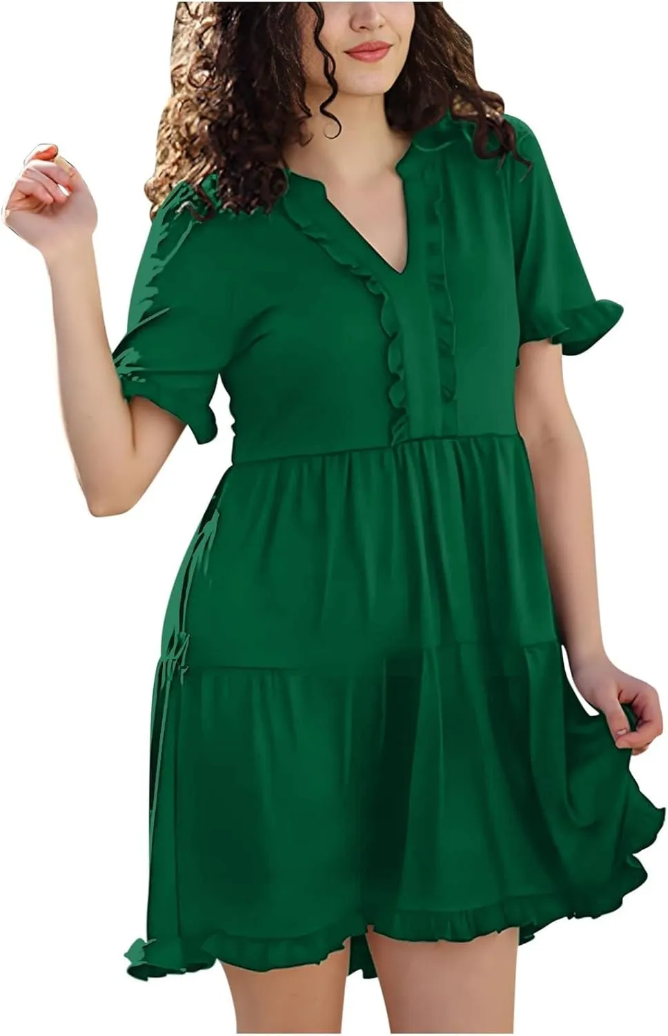 Womens Smocked Crewneck Button Up Long Sleeve Empire Waist A-Line Mini Dress 2025 Casual Swing Dresses