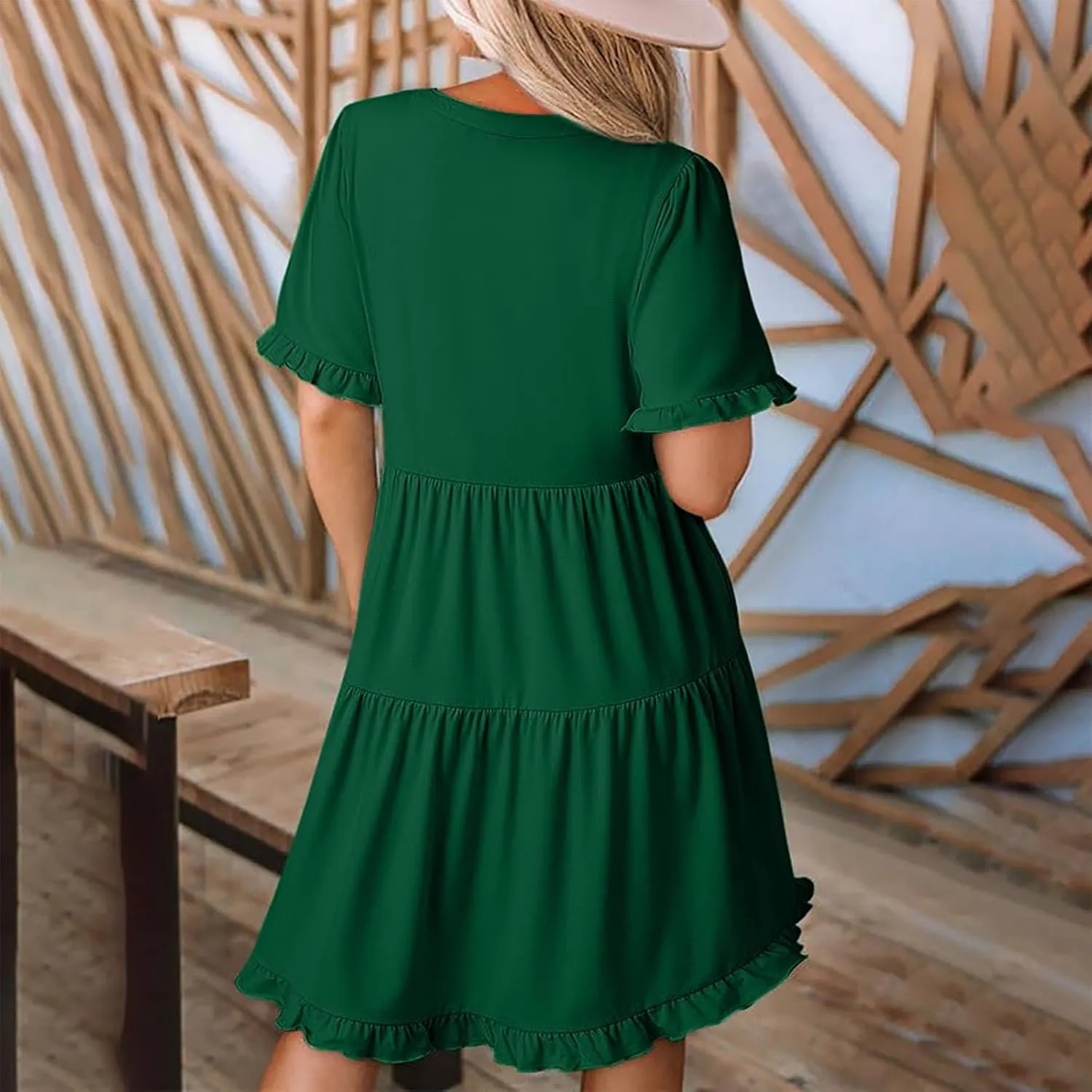 Womens Smocked Crewneck Button Up Long Sleeve Empire Waist A-Line Mini Dress 2025 Casual Swing Dresses
