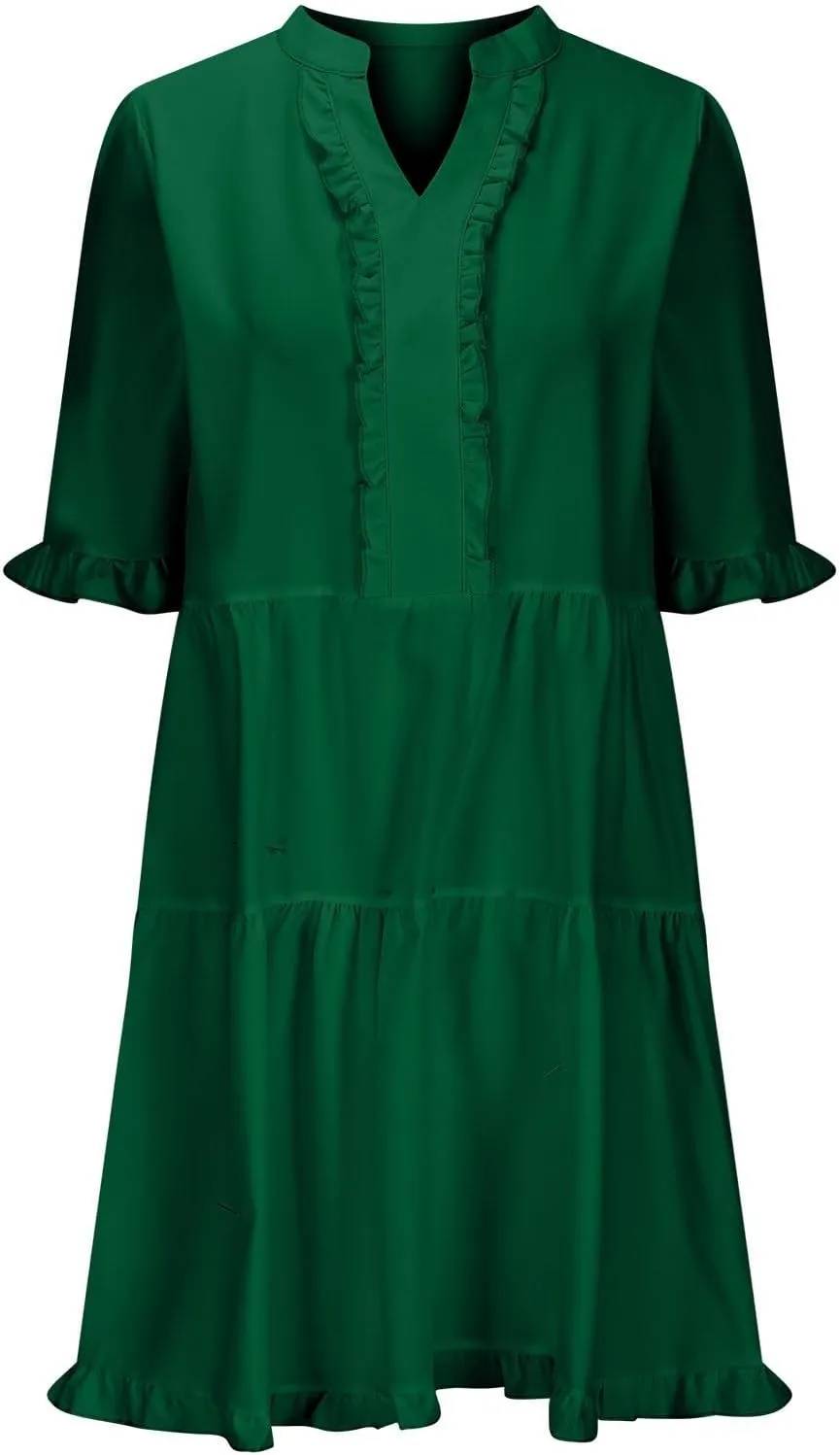 Womens Smocked Crewneck Button Up Long Sleeve Empire Waist A-Line Mini Dress 2025 Casual Swing Dresses