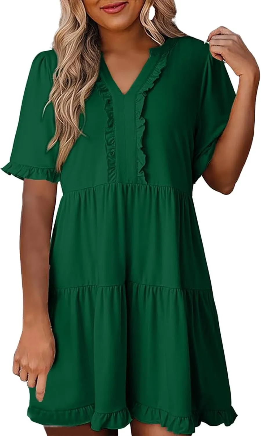 Womens Smocked Crewneck Button Up Long Sleeve Empire Waist A-Line Mini Dress 2025 Casual Swing Dresses
