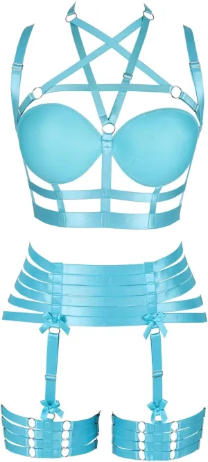 Womens Strappy Full Cage Body Harness Lingerie Garter Belt Set Elastic Hollow Tops Bralette Punk Gothic Festival Rave Wear