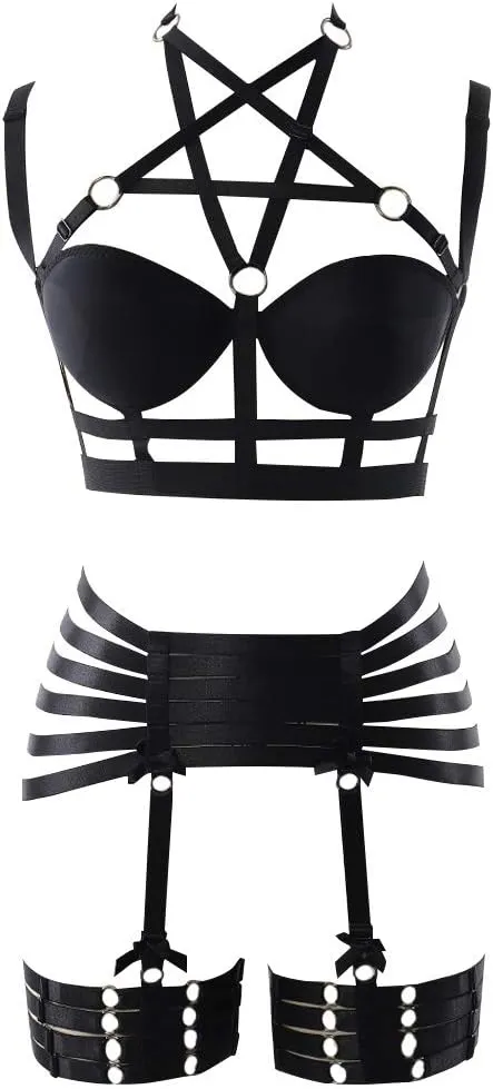 Womens Strappy Full Cage Body Harness Lingerie Garter Belt Set Elastic Hollow Tops Bralette Punk Gothic Festival Rave Wear