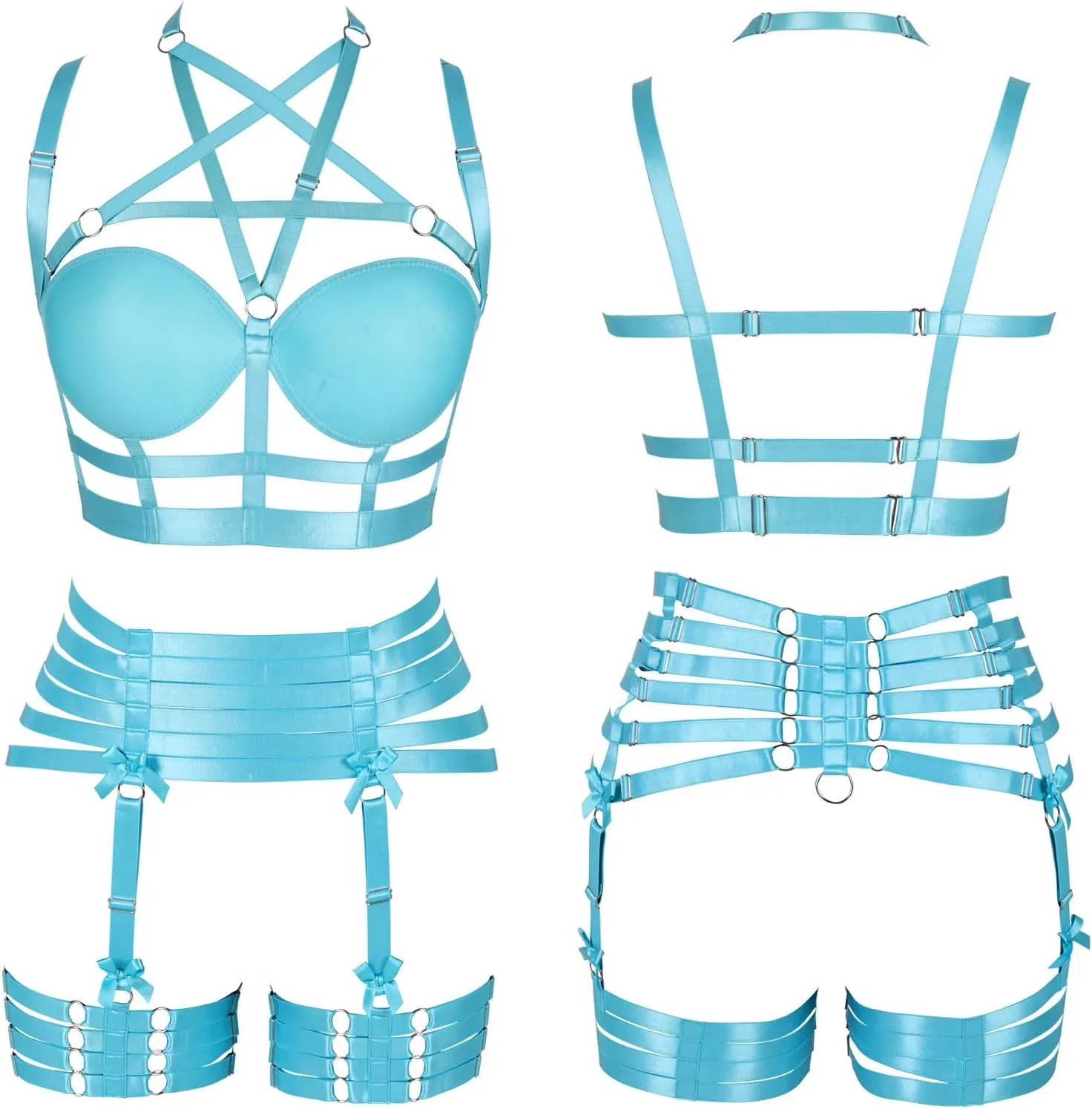 Womens Strappy Full Cage Body Harness Lingerie Garter Belt Set Elastic Hollow Tops Bralette Punk Gothic Festival Rave Wear